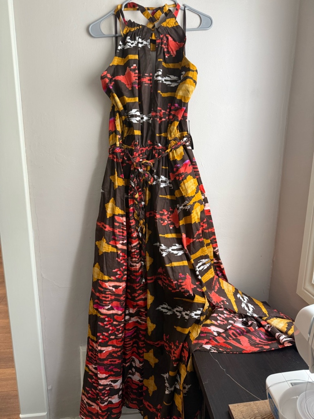 NY & Co Geometric Printed Halter Maxi Dress XXL Boho Tribal Abstract Belted NWT